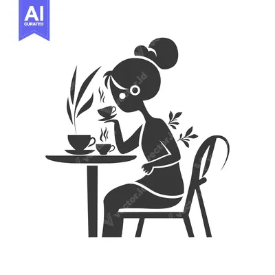 Premium design asset: Silhouette of a woman sitting at a table, drinking coffee