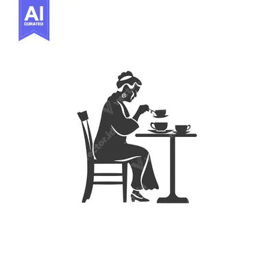 Premium design asset: Silhouette of a Woman Sitting at a Table, Stirring Tea