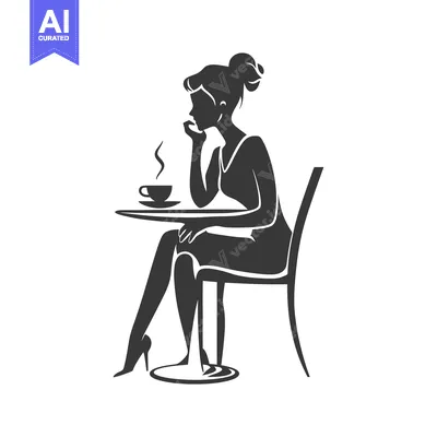 Premium design asset: Silhouette of a woman sitting at a table with a cup of coffee