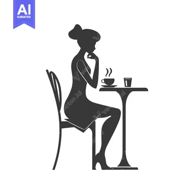 Aset desain premium: Silhouette of a Woman Sitting at a Table with a Cup of Coffee and a Gl