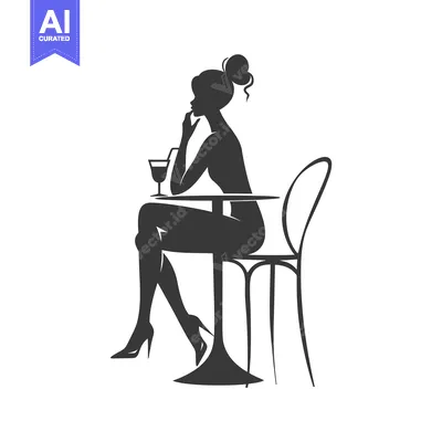 Aset desain premium: Silhouette of a Woman Sitting at a Table with a Drink