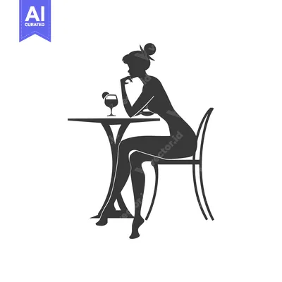 Aset desain premium: Silhouette of a Woman Sitting at a Table with a Glass of Wine