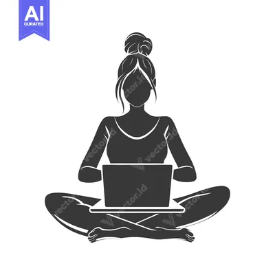 Aset desain premium: Silhouette of a Woman Sitting in a Lotus Position Using a Laptop