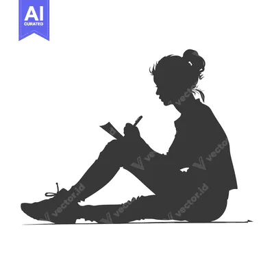 Silhouette of a woman sitting on the floor, writing in a notebook