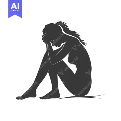 Aset desain premium: Silhouette of a Woman Sitting with Head in Hands