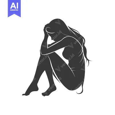 Aset desain premium: Silhouette of a Woman Sitting with Her Head in Her Hands