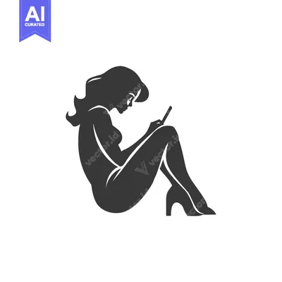 Premium design asset: Silhouette of a Woman Sitting with Long Hair and High Heels Using a Ta