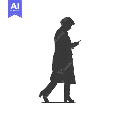 Aset desain premium: Silhouette of a Woman Walking and Looking at a Smartphone