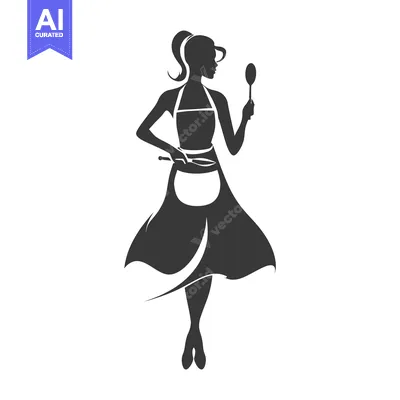 Aset premium populer: Silhouette of a Woman Wearing an Apron and Holding a Spoon and a Fryin