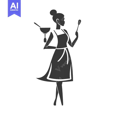 Aset desain premium: Silhouette of a Woman Wearing an Apron Holding a Bowl and a Whisk