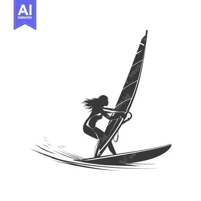 Silhouette of a Woman Windsurfing on a Wave