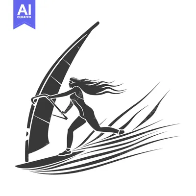 Aset desain premium: Silhouette of a woman windsurfing with a flowing sail