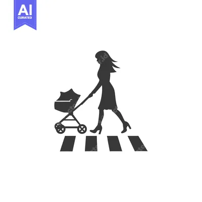 Premium design asset: Silhouette of a Woman with a Baby Stroller Crossing a Crosswalk