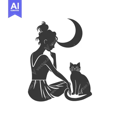 Silhouette of a woman with a cat and a crescent moon
