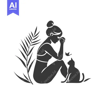 Aset premium populer: Silhouette of a woman with a cat and palm leaves