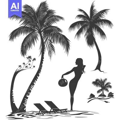 Premium design asset: Silhouette of a woman with a coconut on a beach with palm trees