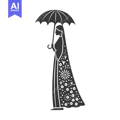 Premium design asset: Silhouette of a Woman with an Umbrella and Floral Dress