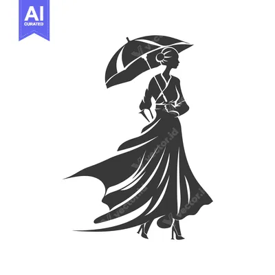 Popular premium asset: Silhouette of a Woman with an Umbrella and Flowing Dress